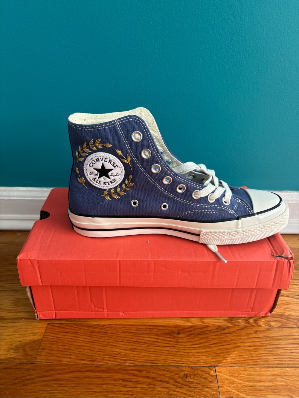 Converse Navy Blue High-Top Sneakers with Gold Embroidered Snake - Picture 2 of 3
